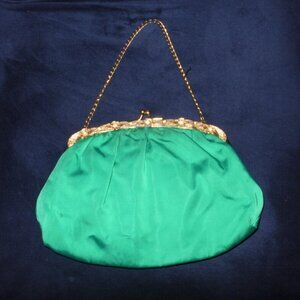 VINTAGE 1960's rhinestone flowers clasp silk evening bag